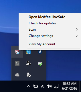 Right-clicking the McAfee icon in the taskbar