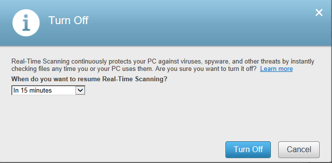 Turning off the Real-Time Scanning option for the 15 minute interval